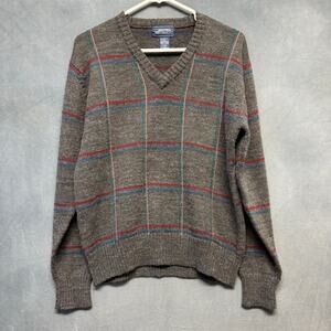 Mervyn’s Men’s Wool Blend V-Neck Sweater Gray Plaid Stripe Size Medium Grandpa
